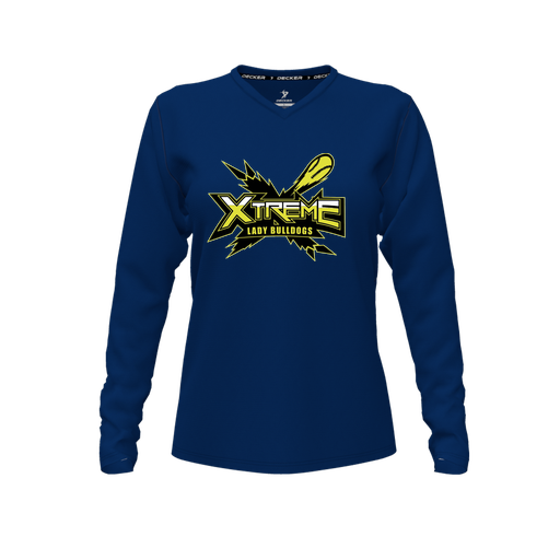 [CUS-DFW-TEES-CMF-VNK-LSL-NVY-FYXS-LOGO1] Comfort T-Shirt (Female Youth XS, Navy, V Neck, Logo 1, Long Sleeve)
