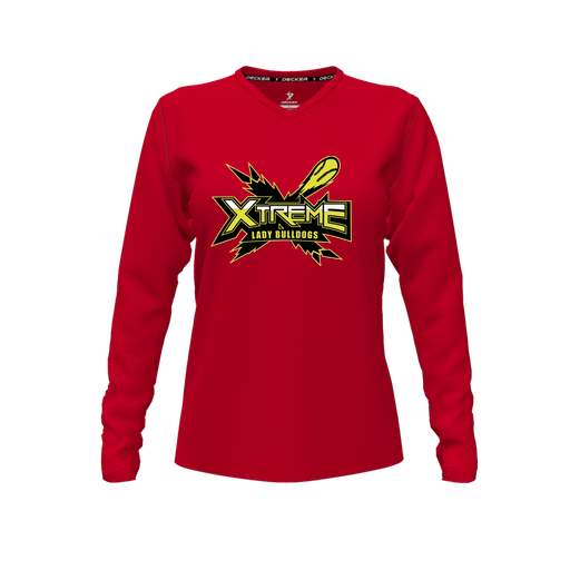 [CUS-DFW-TEES-CMF-VNK-LSL-RED-FYXS-LOGO1] Comfort T-Shirt (Female Youth XS, Red, V Neck, Logo 1, Long Sleeve)