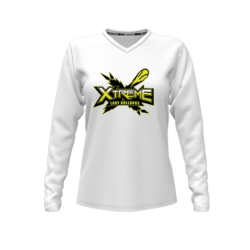 [CUS-DFW-TEES-PER-VNK-LSL-WHT-FYXS-LOGO1] Performance T-Shirt (Female Youth XS, White, V Neck, Logo 1, Long Sleeve)