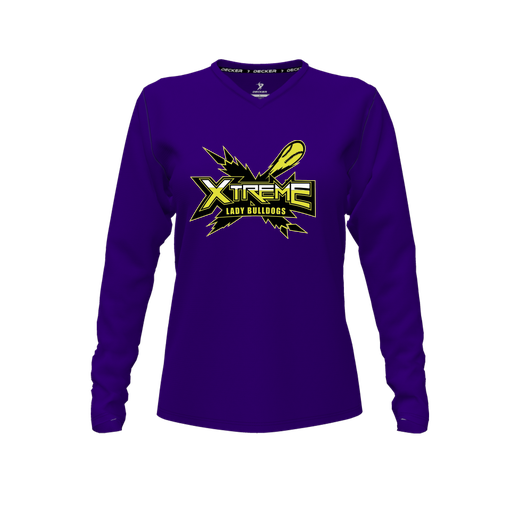 [FTLVPTPP-FYXS-LOGO1] Decker Performance T-Shirt (Female Youth XS, Purple, V Neck, Logo 1, Long Sleeve)